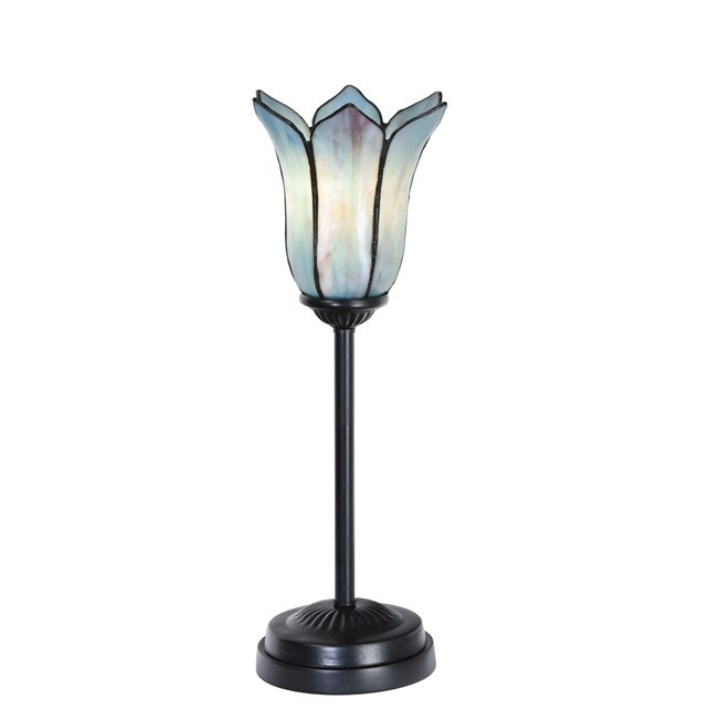 Tiffany slanke tafellamp zwart met Gentian Blue aan
