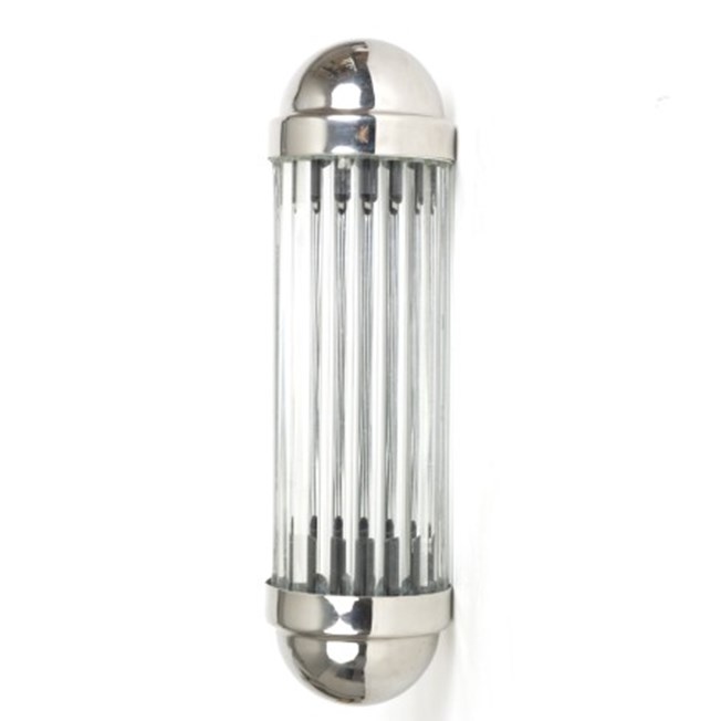 Vooraanzicht wandlamp Astoria met glas staafjes en glanzend chroom armatuur